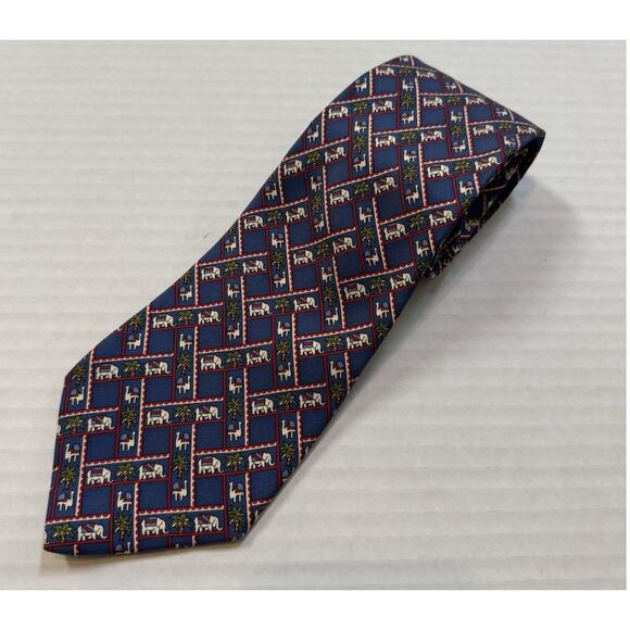 Salvatore Ferragamo Silk Tie Elephants Camels Palms Blue Red Novelty Print Italy - Picture 1 of 6